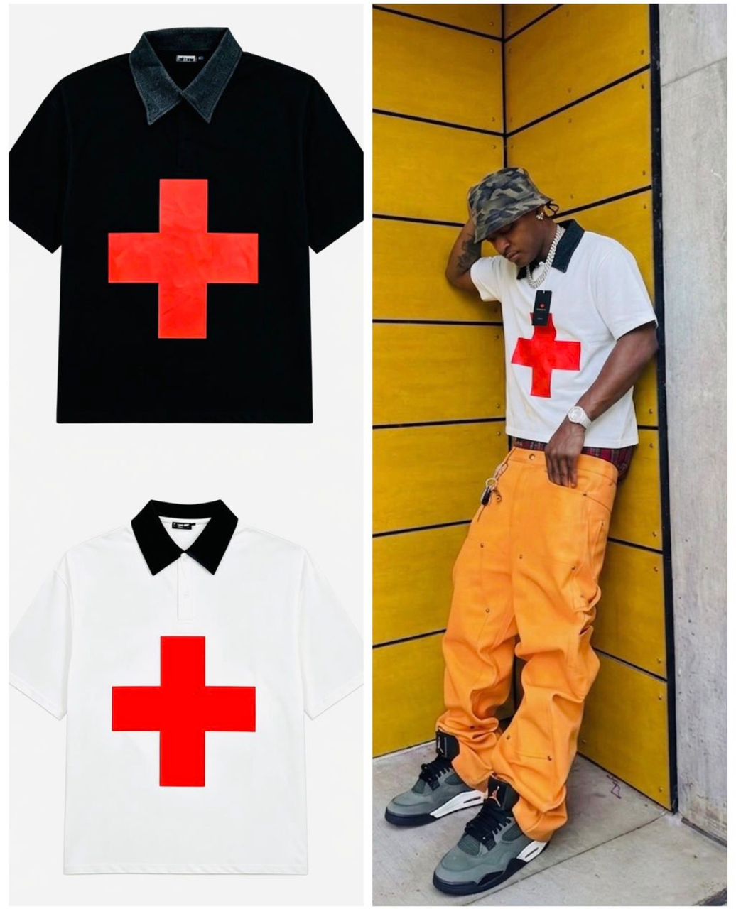Oversized Cross Polo Shirt - Big Cross Graphic Streetwear Polo (Black/White/Red) - Image 4