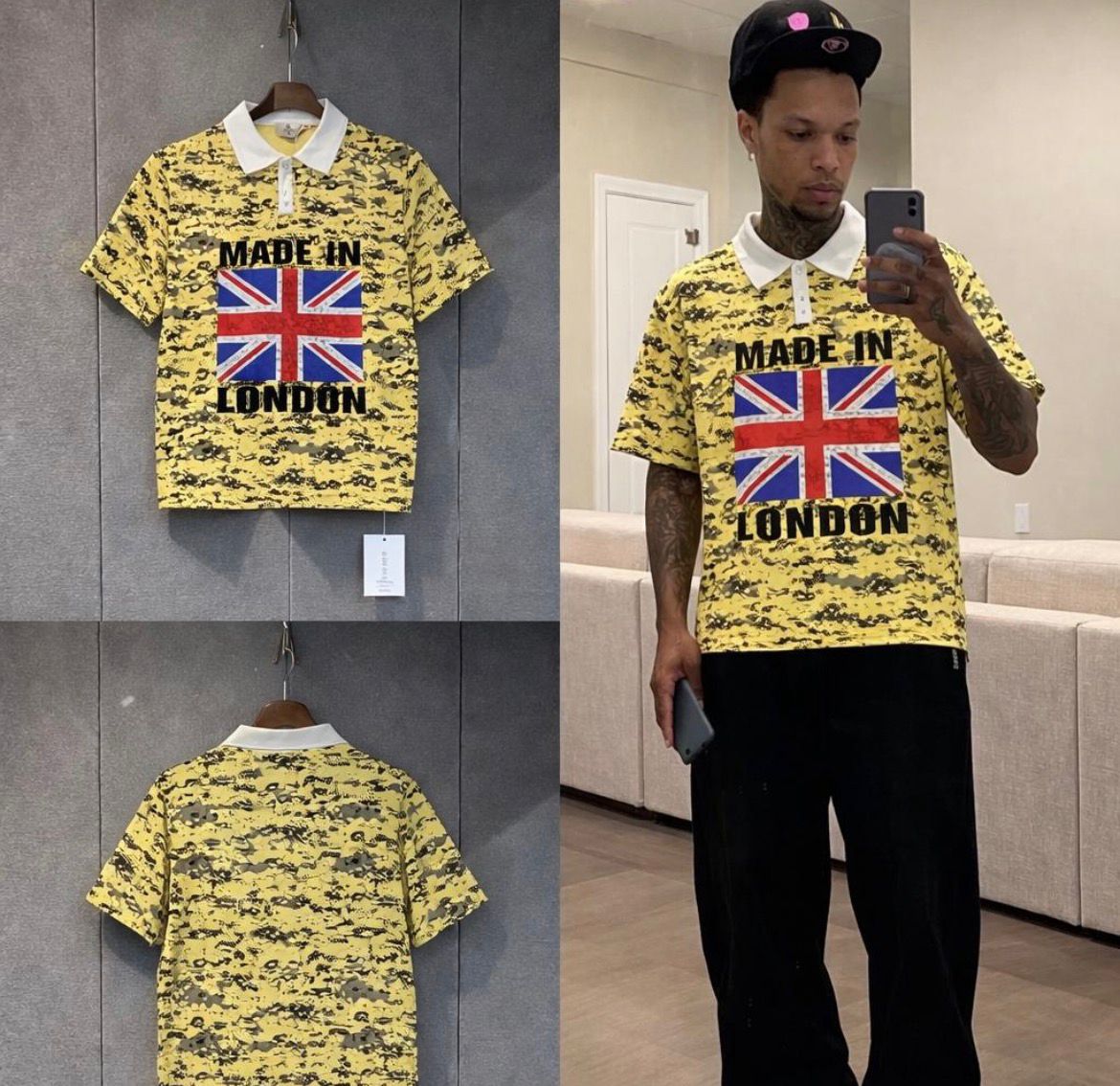Made In London Union Jack Camo Polo Shirt - Oversized Streetwear Polo (Yellow & Grey Camo) - Image 2