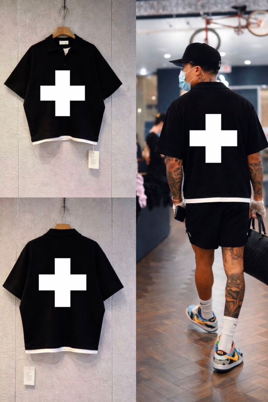 Oversized Cross Polo Shirt - Big Cross Graphic Streetwear Polo (Black/White/Red) - Image 3