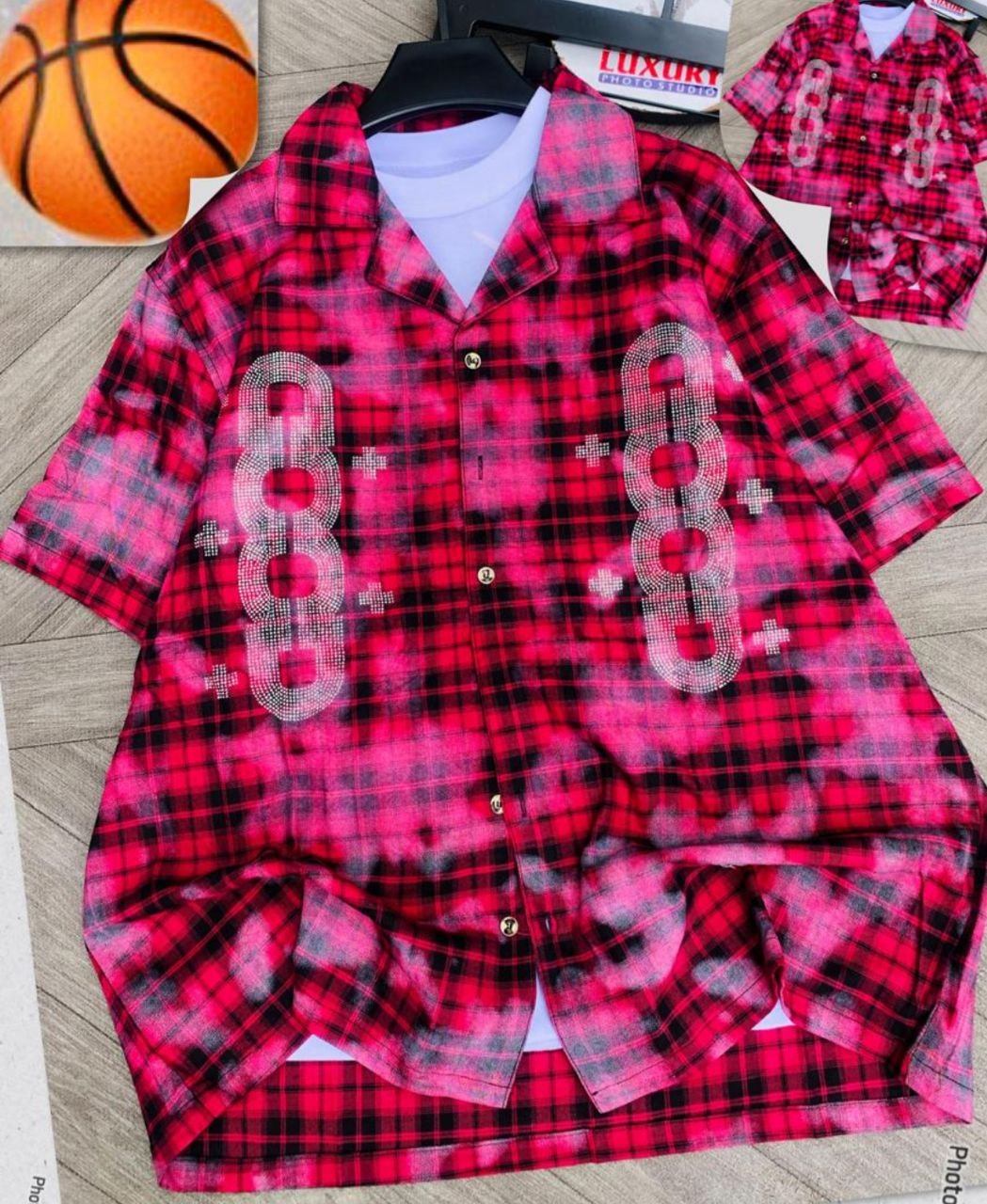 Tie-Dye Checkered "MUSIC" Rhinestone Camp Shirt - Image 5