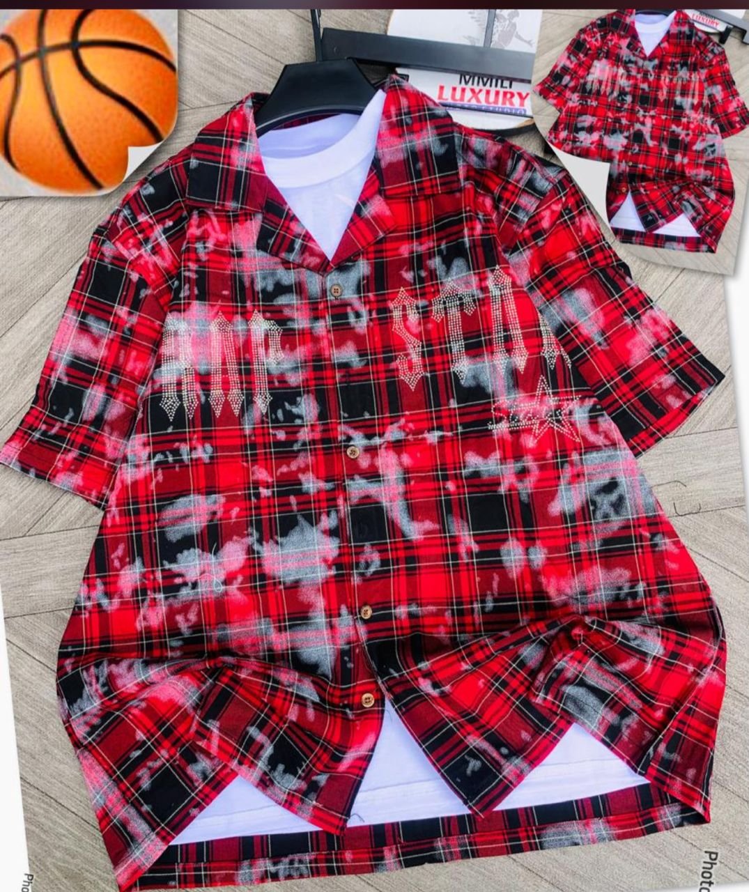 Tie-Dye Checkered "MUSIC" Rhinestone Camp Shirt