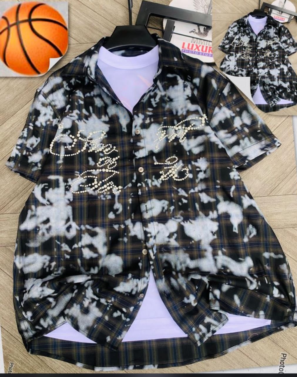 Tie-Dye Checkered "MUSIC" Rhinestone Camp Shirt - Image 3