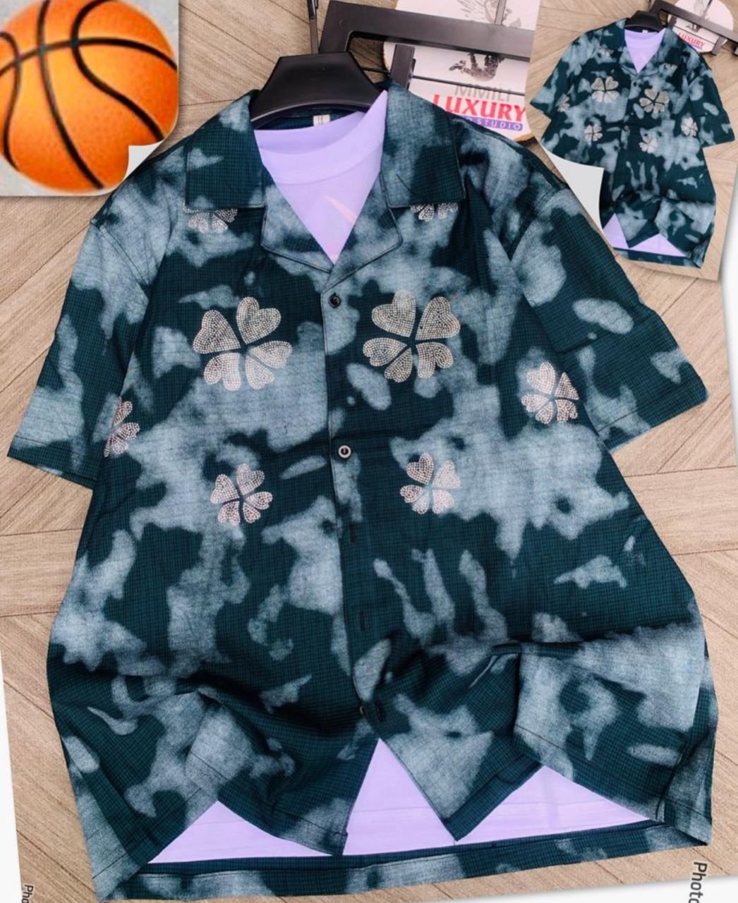 Tie-Dye Checkered "MUSIC" Rhinestone Camp Shirt - Image 4